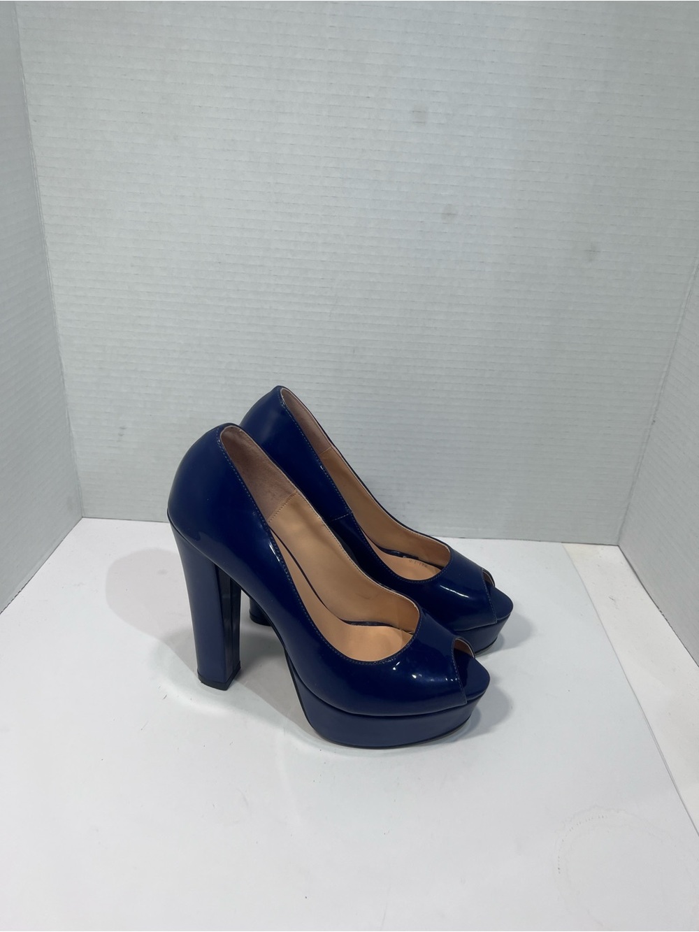 Patent Navy Peep-Toe Platform Pumps